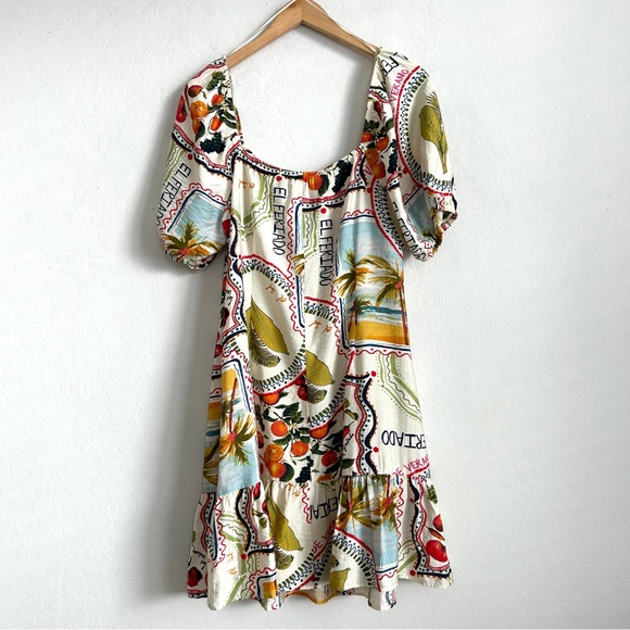 Primark Dress 14 Mini Puff Sleeve Flutter Hem Tropical Fruit Colorful Print - Picture 10 of 13